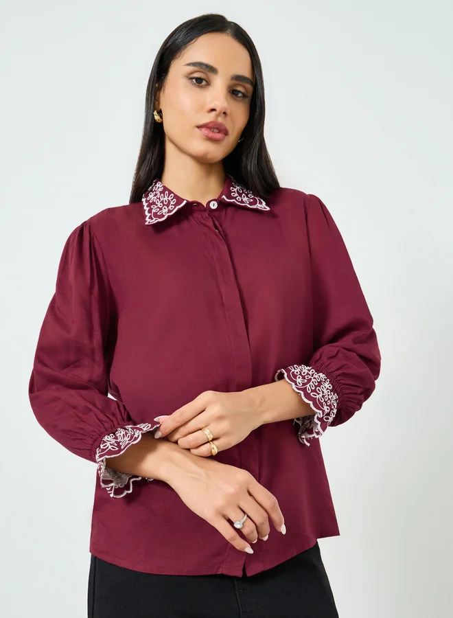 ستايلي Burgundy Embroidered Collar Shirt